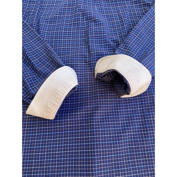 Barbour Mens Large Country Check Shirt Navy Blue Tan Plaid Cotton Corduroy Cuffs - Picture 13 of 14